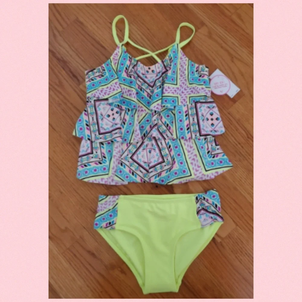 Justice Girls Neon Yellow & Pastel Geo Tankini Swim Set.48